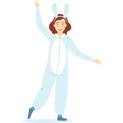 Woman Wearing Bunny Costume Waving Hand Isolated on Transparent Background