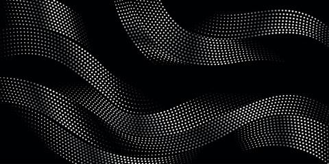 Black abstract background with metallic dotted wavy lines decoration. Modern and trendy sporty curved lines background concept for covers, advertisements, brochures, presentations, and websites.