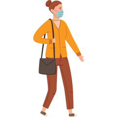 Woman Wearing Face Mask and Carrying Bag Walking Outdoors During Daytime Featuring Yellow Cardigan Brown Pants and Blue Mask with Brown Hair in a Bun