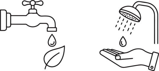 Minimalist Black Line Icons: Water Conservation, Faucet, Shower, Hand, Leaf