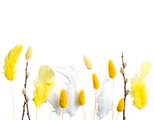 Fluffy yellow and white feathers arranged in a row, interspersed with fuzzy dried flowers and willow branches, on black