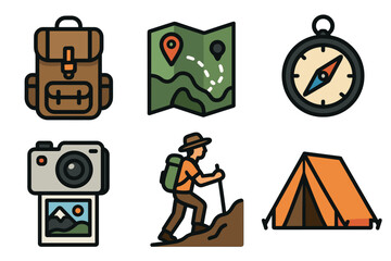 Illustrated icons of hiking essentials including a backpack, map with markers, compass, camera with photo, hiker on a trail, and a triangular orange tent.