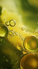 Close-up macro of olive oil texture with reflections and bubbles, 8K ultra detail, soft light, copy space, abstract background. 