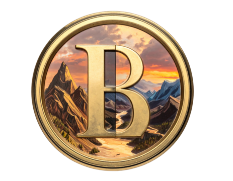 'B' over scenic mountain range & river under sunset sky in gold coin frame, centered on black background