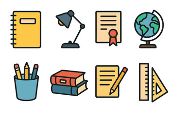 Colorful set of study-related icons including a notebook, desk lamp, certificate, globe, pencil cup, books, writing sheet, and ruler.