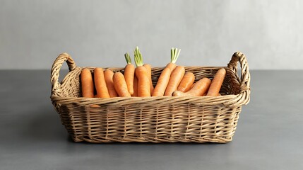 Fresh Carrots in Wicker Basket, Orange Vegetables, Grey Background, Food Still Life