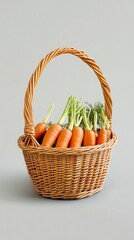 Fresh Carrots with Green Tops in Wicker Basket on Grey Background, Harvested Vegetables