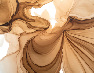 Fluid abstract pattern of swirling tan and brown shades, ink-like, with intricate lines creating organic shapes