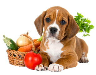 Cute brown and white puppy lies with a basket of fresh vegetables on a solid black background