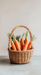 Fresh Orange Carrots with Green Tops in Woven Basket Against a Neutral Background
