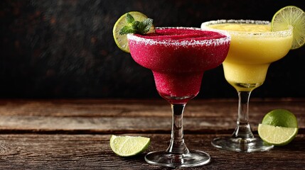 Two vibrant frozen margaritas sit on a rustic wooden table.