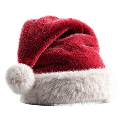 白い毛皮のトリムが付いた赤いサンタクロースの帽子が単体で分離されています | Red Santa Claus hat with white fur trim, isolated on transparent background