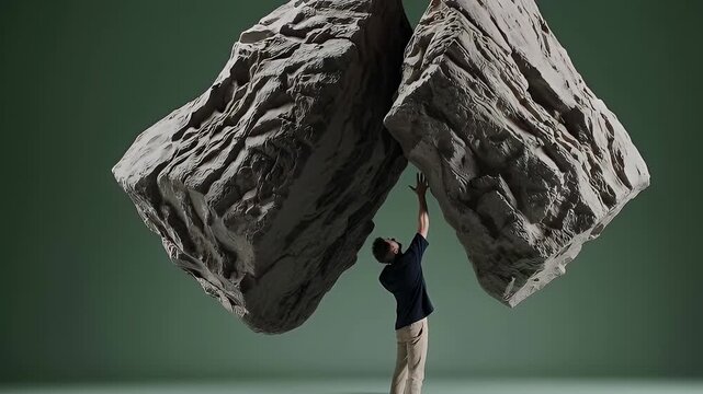 Man Standing in Awe Before Two Giant Balanced Rocks in Studio with ai generated