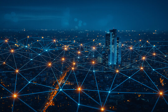 AI generated night cityscape with glowing blue and orange data lines representing smart city connection digital communication and futuristic global technology infrastructure - Powered by Adobe