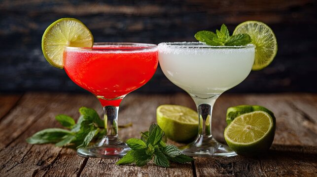 Two refreshing cocktails with limes and mint sprigs on rustic wood. - Powered by Adobe