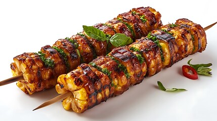 Grilled Corn Skewers with Glaze, Basil, and Chili on White Background; Delicious Meal