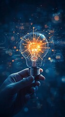 Hand Holding Glowing Light Bulb Overlaid with Data Streams on Blue Background