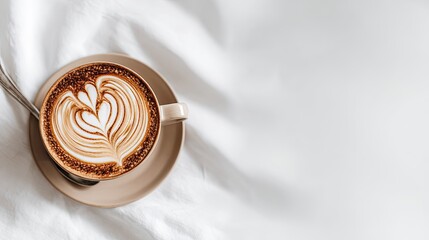 Cup of hot coffee with artful foam on a saucer with spoon.