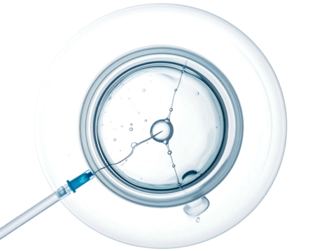 Fluid within a Petri dish being injected with a needle, creating radial fractures on a clean, white background