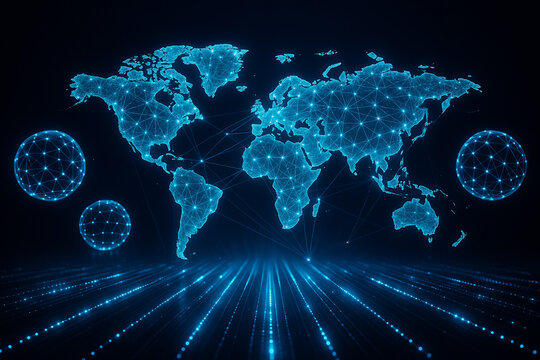 AI generated futuristic digital art of a glowing holographic world map with blue energy lines symbolizing data connection communication and global technology network in a cyber inspired atmosphere