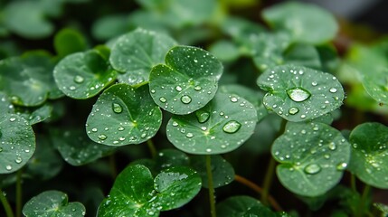 Macro Fresh Green Leaves with Water Droplets Adorn the Round Leaf Surfaces