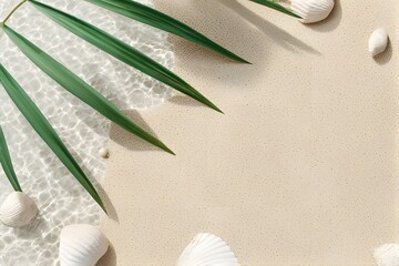 Escape to paradise with this serene beach scene featuring seashells and palm leaves, perfect for travel blogs, summer promotions, and coastal-themed designs