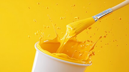 Paintbrush Dipped in Yellow Color, Splashing Paint, Creative Brushwork, Bright Backdrop