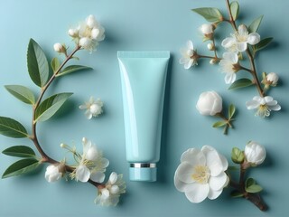 Elegant light blue skincare tube with delicate white blossoms against a soothing backdrop promotes wellness, self-care, and beauty routines now