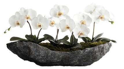 Phalaenopsis Orchids in Rock Planter with Moss Against White Background Beauty