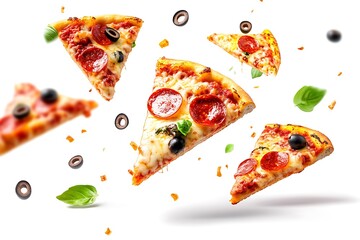 Pepperoni Pizza Slices with Olives and Basil Leaves on White Background, Tasty Food