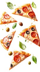 Slices of Pepperoni Pizza, Olives and Basil Leaves on a White Background Isolated