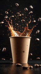 Splashing Coffee Drink from Cup with Roasted Coffee Beans Isolated on Dark Background