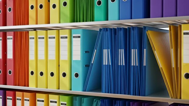 A vibrant shelf of colorful file folders arranged in a rainbow spectrum, filling the frame
