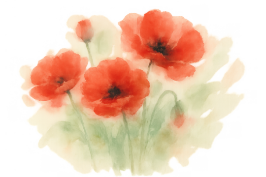 Red poppy flowers watercolor painting with green stems and leaves, vibrant floral illustration, transparent background