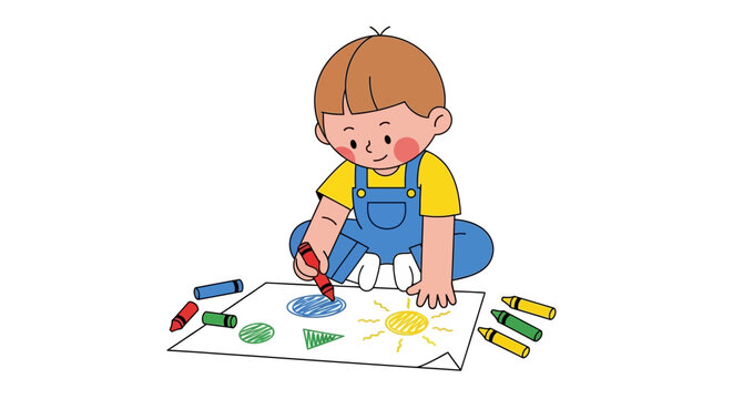 Cartoon Boy Drawing with Crayons on Paper Wearing Overalls.