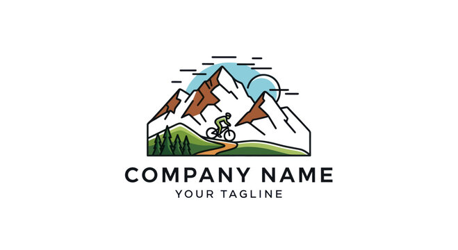 Mountain Biking Adventure Logo Depicting Cyclist on Trail Amidst Peaks.