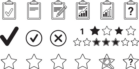 Minimalist Black and White Vector Icons for Documents, Ratings, and Symbols