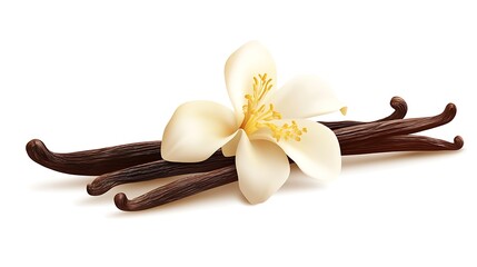 Vanilla Flower Blossom With Dark Brown Pods Aroma Flavor On White Background