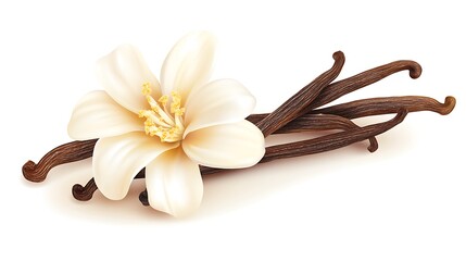 Vanilla Flower with Dark Brown Pods on White Backdrop Closeup Display, Detail View