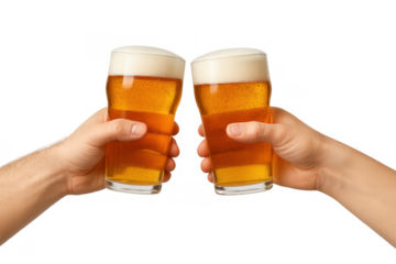 Toasting celebration with two hands clinking beer glasses, enjoying the moment on transparent background