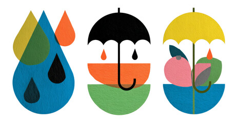 Colorful Abstract Umbrella and Water Drops Shapes on Transparent Background