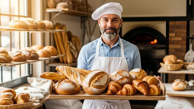 A baker in a white hat holds a tray with assorted baked goods loaves, baguettes, and croissants