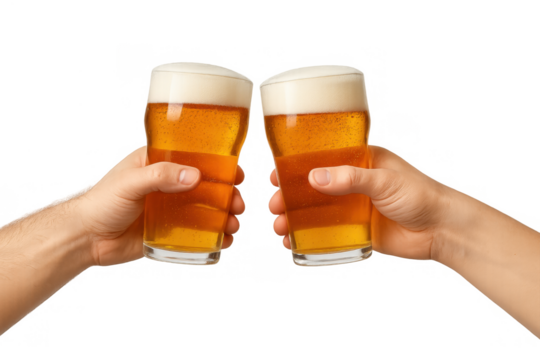Toasting celebration with two hands clinking beer glasses, enjoying the moment on transparent background - Powered by Adobe
