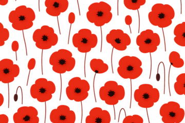 Red poppy flowers creating a repeating floral pattern. This vector illustration conveys themes of remembrance, peace, and natural beauty