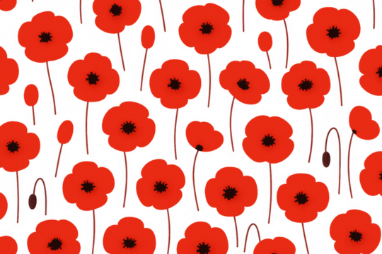 Red poppy flowers creating a repeating floral pattern. This vector illustration conveys themes of remembrance, peace, and natural beauty - Powered by Adobe