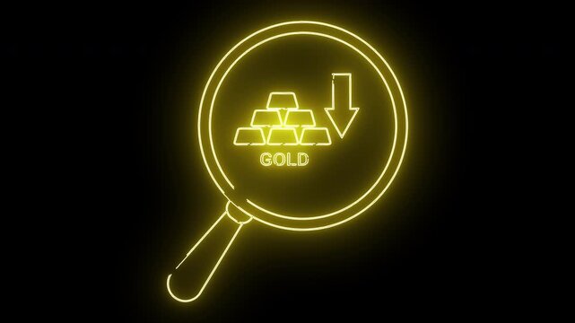 A neon magnifying glass shows gold bars and a downward arrow against a black background