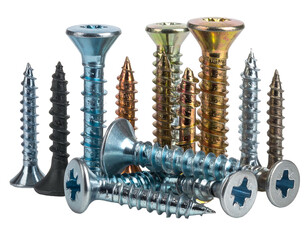 A close-up shot of a group of different colored metal screws, some lying down, arranged against a black background