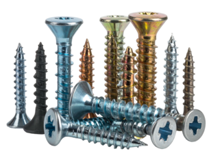 A close-up shot of a group of different colored metal screws, some lying down, arranged against a black background