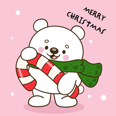 polar bear hugging giant candy cane christmas greeting card kawaii animal winter cartoon
