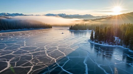 Aerial view captures a serene frozen lake with intricate ice patterns. Sun rays illuminate landscape - Powered by Adobe